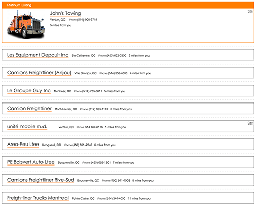 A screenshot of Road Service Search Results