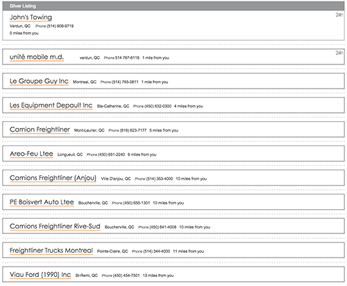 A screenshot of Road Service Search Results