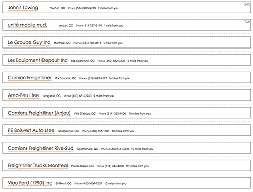 A screenshot of Road Service Search Results