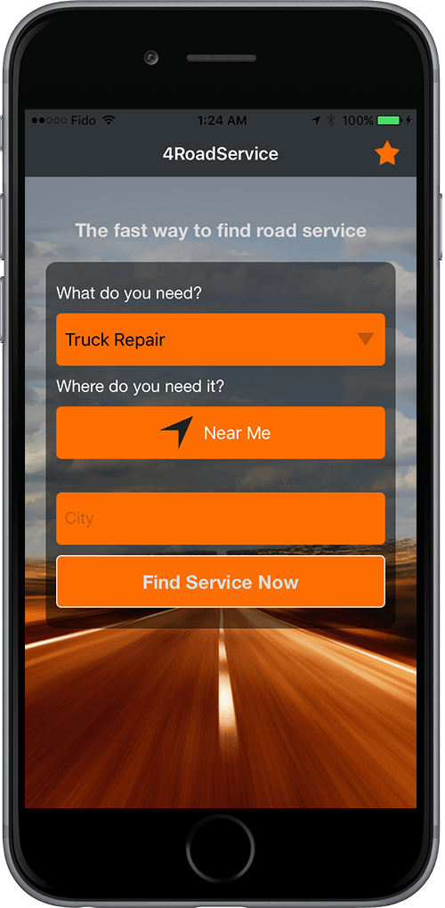 A screenshot of the 4RoadService.com iPhone App up and running