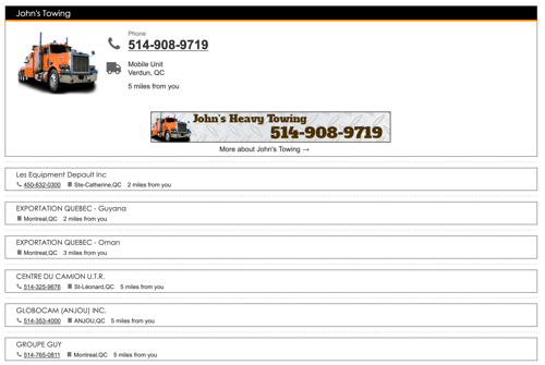A Listing Banner in Search Results. A screenshot of Road Service Search Results showing a Listing with a Listing Banner.